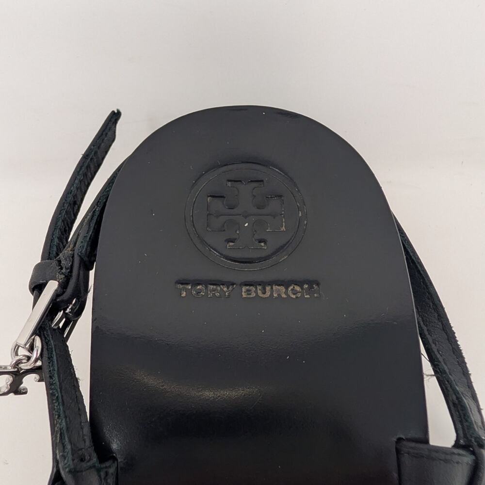 Tory Burch Black Leather Summer Sandals Silver Disc Heels Size 9 - Picture 9 of 16